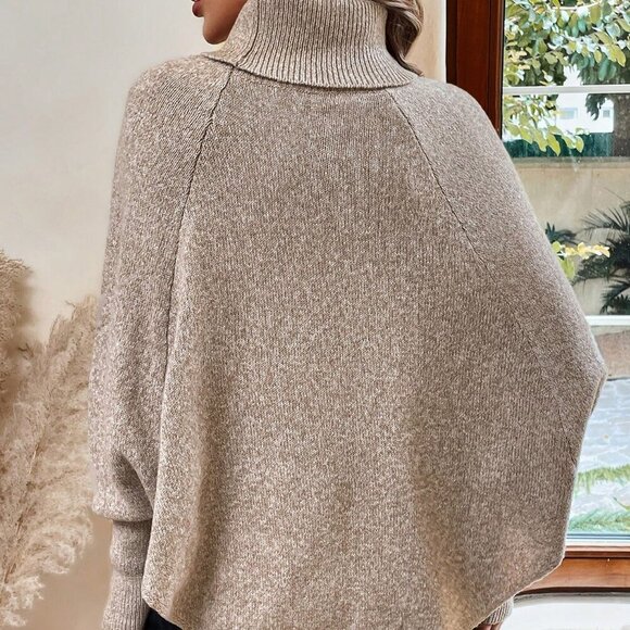 Khaki Casual Women's Turtleneck Batwing Sleeve Button Detail Poncho Sweater top - Picture 2 of 7